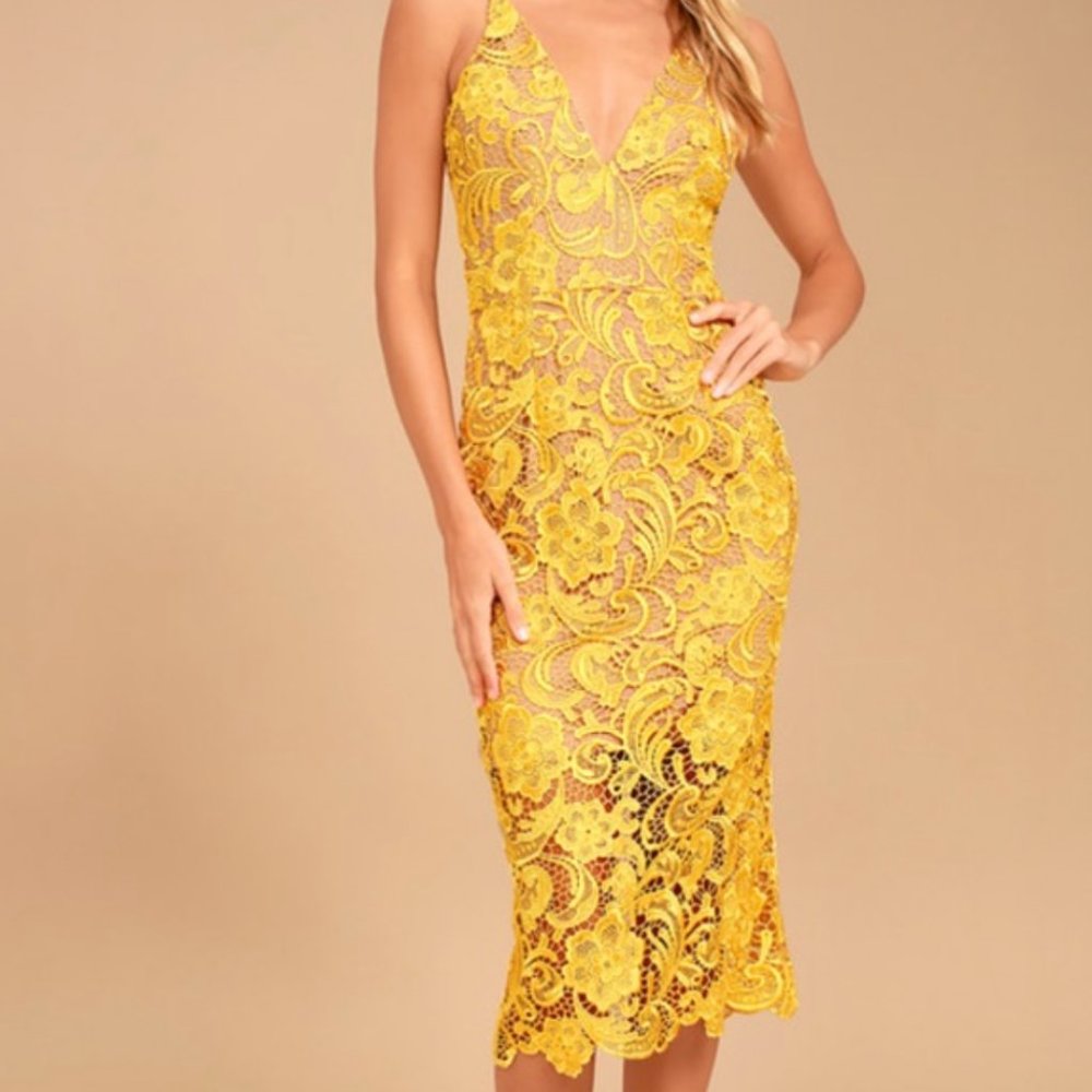 COPY - Dress the Population Marie Lace Midi Dress Small Yellow